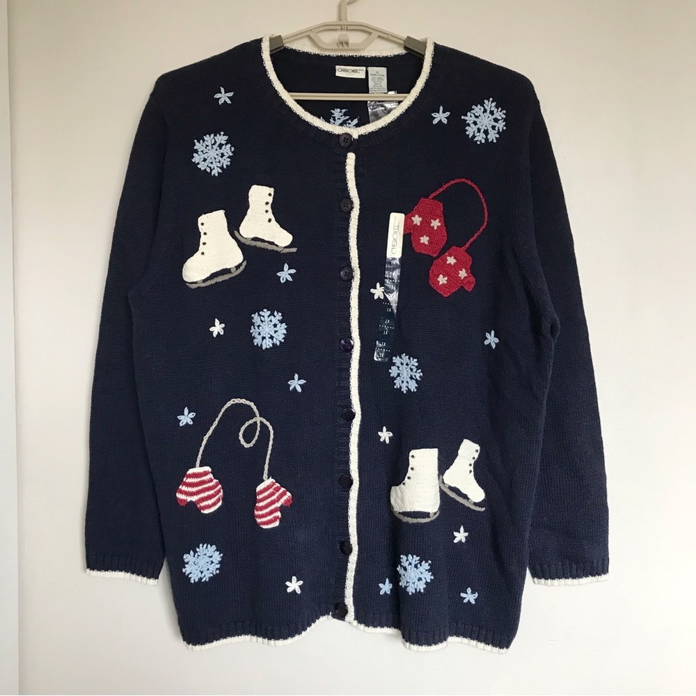 Cherokee Woman Navy Blue Winter Theme Button Up Cardigan Sweater 1X(18W/20W) NEW